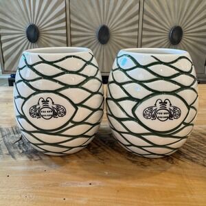 Patron Tequila Beehive Cups Ceramic Green White Tiki Mugs Barware Set of 2 EUC